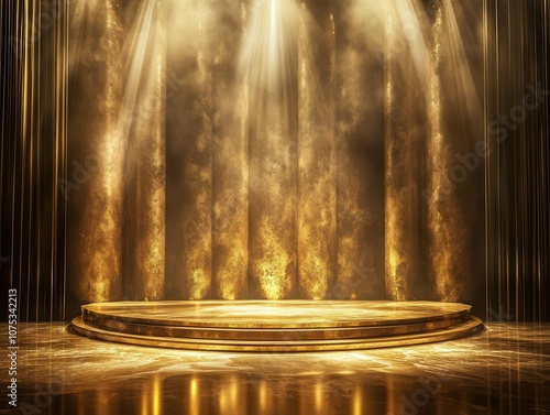 a luxurious empty stage with a golden podium, bathed in shimmering lights, creating an ambiance of elegance and anticipation for the next grand event