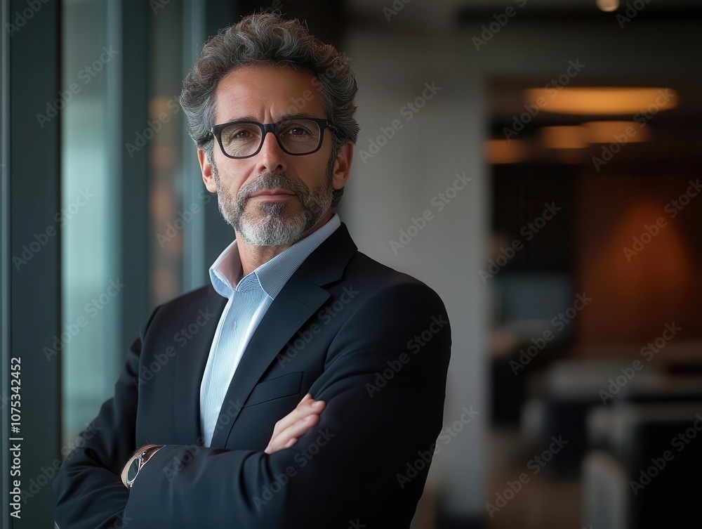 Fototapeta premium a mature financier businessman thoughtfully gazing at the camera, arms crossed, projecting confidence and experience within a sophisticated office environment