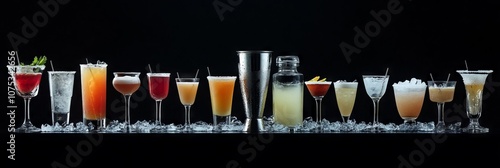 Wallpaper Mural Colorful cocktails lined up with bar equipment on a black background. AI generated illustration Torontodigital.ca