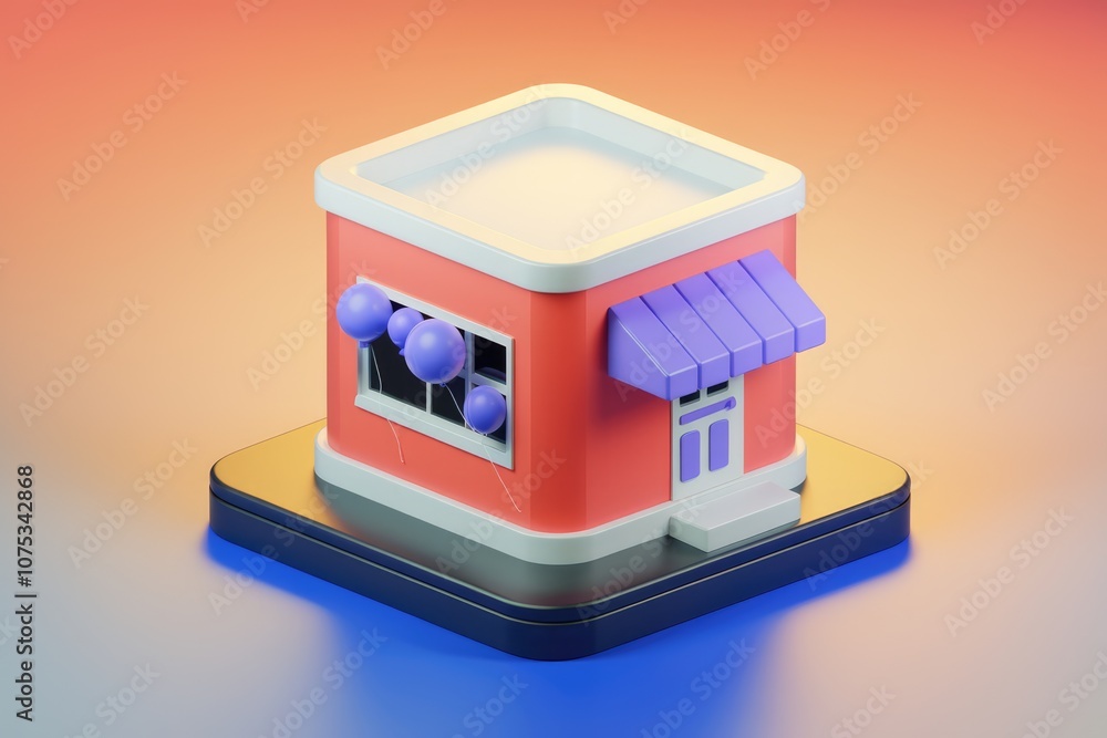 A 3D rendering of a small red shop with a purple awning and balloons in the window A 3D rendering of a small red shop with a purple awning and balloons in the window