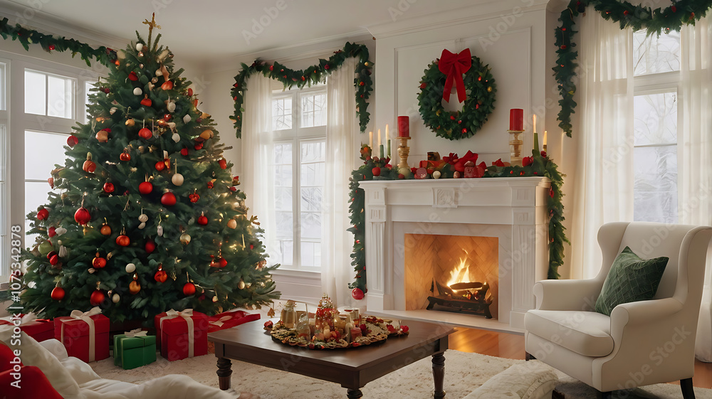 Cozy Traditional Christmas Living Room with Festive Decor and Fireplace, Christmas living room, holiday decor, Christmas tree, fireplace, Christmas decorations Cozy Traditional Christmas Living Room with Festive Decor and Fireplace, Christmas living room, holiday decor, Christmas tree, fireplace, Christmas decorations