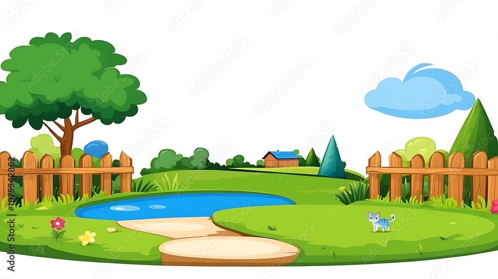 Fototapeta premium A Cartoon Backyard with a Cat, Pond, and Wooden Fences