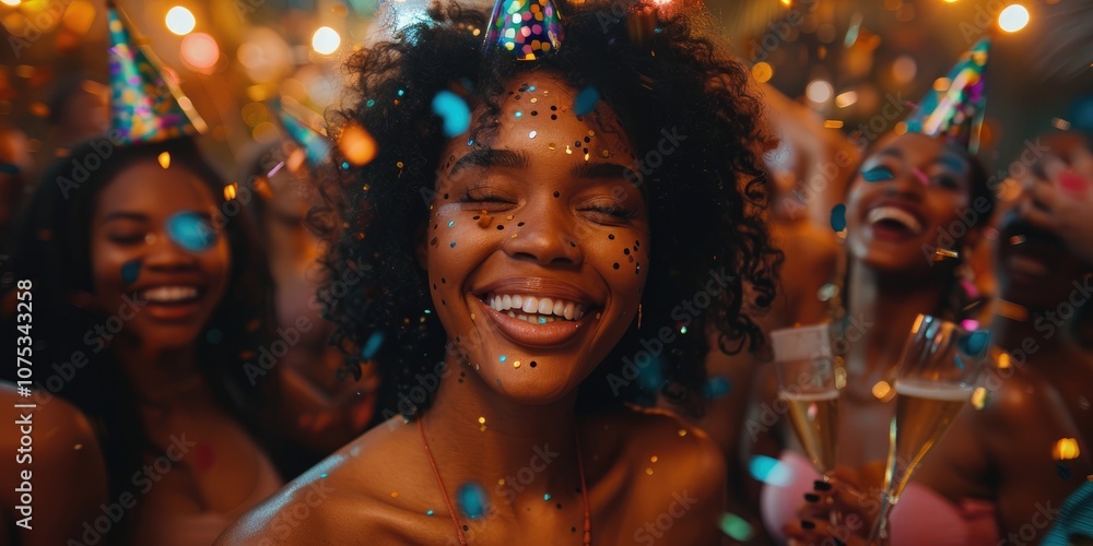 Friends joyfully welcoming the New Year at a lively celebration party together Friends joyfully welcoming the New Year at a lively celebration party together