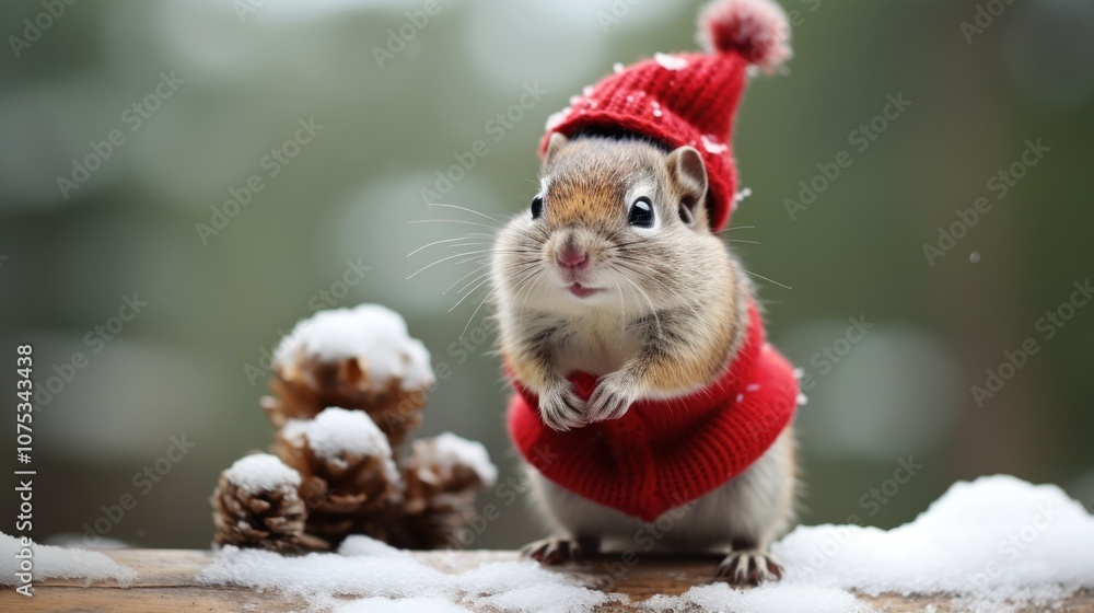 Portrait of a chipmunk in Santa hat. Christmas background. Portrait of a chipmunk in Santa hat. Christmas background.