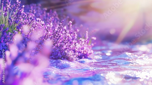 Contrasting Beauty and Decay: 3D Render of Lavender Field Blooming Beside Polluted River | Ultra-Detailed Environmental Artwork photo