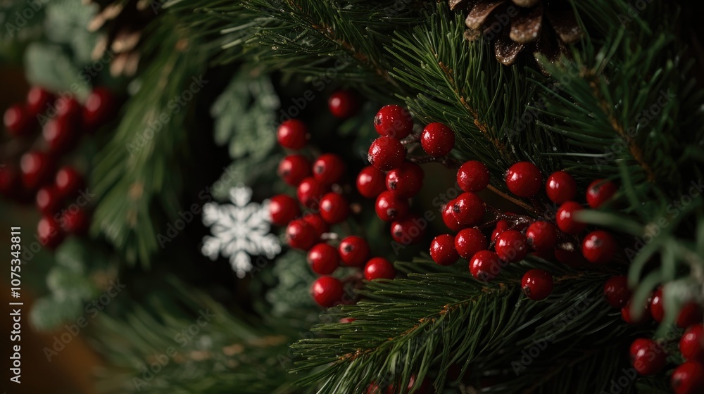 Evergreen wreath with red berries, snowflakes, classic holiday decor Evergreen wreath with red berries, snowflakes, classic holiday decor