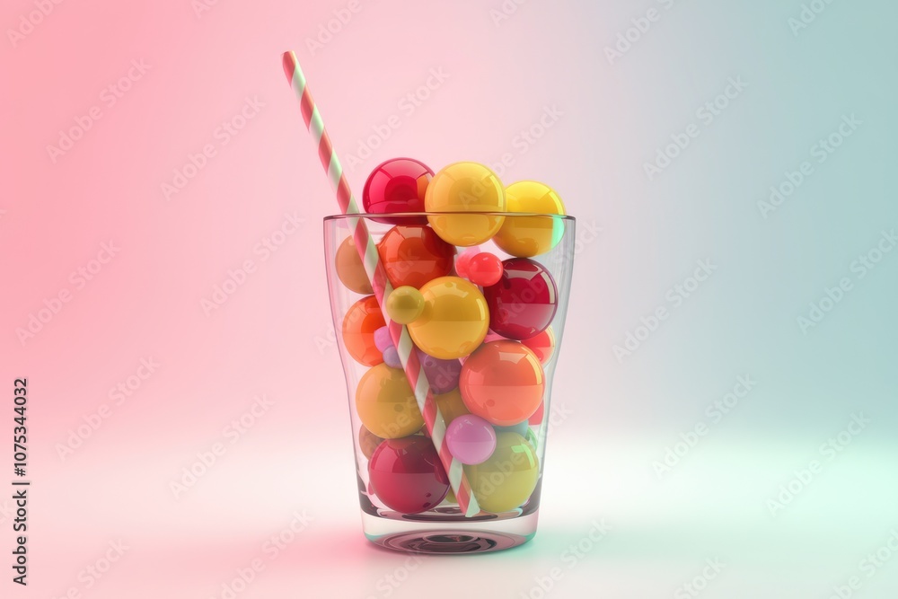 A glass filled with colorful spheres and a striped straw. A glass filled with colorful spheres and a striped straw.
