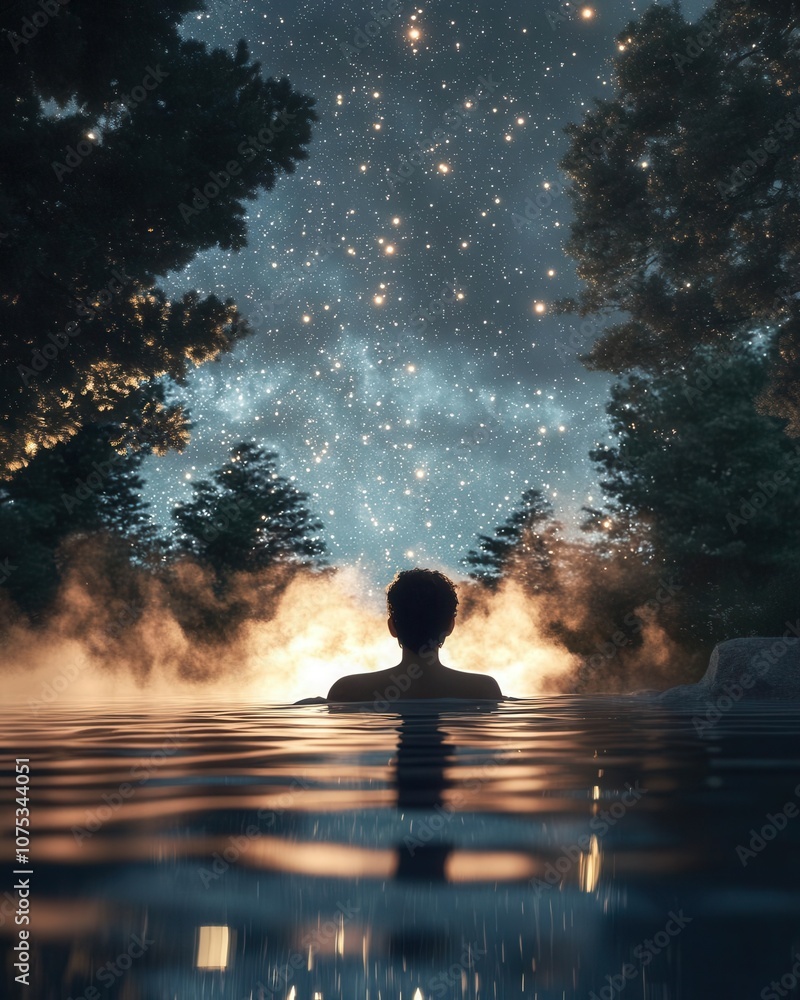 Realistic image of a person soaking in a hot tub under the stars, steam rising, relaxation, nighttime retreat Realistic image of a person soaking in a hot tub under the stars, steam rising, relaxation, nighttime retreat