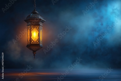 Elegant ramadan card background with ornate lantern and deep blue atmosphere