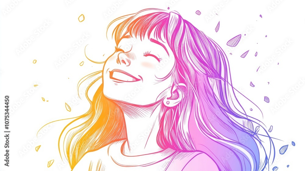 Line art illustration featuring a cold gradient drawing of a joyful cartoon girl Line art illustration featuring a cold gradient drawing of a joyful cartoon girl