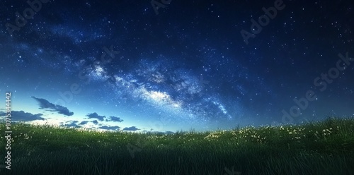 Enchanting starry night sky with the Milky Way over a serene grassy field. AI generated illustration