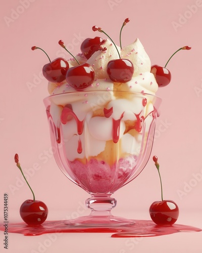 3D cartoon of an oversized ice cream sundae with cherries on top, sweets, overthetop dessert photo