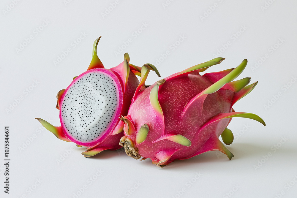A dragon fruit sliced open to reveal the white, speckled flesh, against a white background. A dragon fruit sliced open to reveal the white, speckled flesh, against a white background.