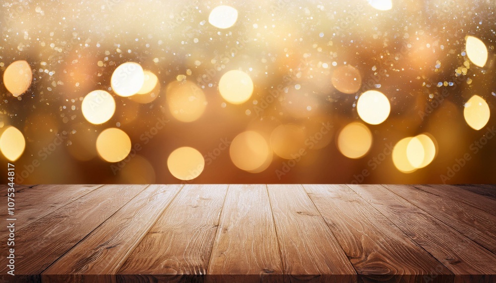 Shiny luxury bokeh christmas festival background, blur glitter snow winter backdrop with empty wooden table top for product display, golden festive new year holiday card with copy space Ai generated Shiny luxury bokeh christmas festival background, blur glitter snow winter backdrop with empty wooden table top for product display, golden festive new year holiday card with copy space Ai generated
