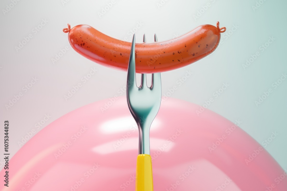 A single sausage impaled on a fork with a yellow handle A single sausage impaled on a fork with a yellow handle
