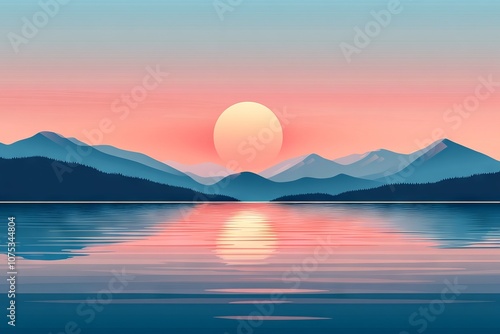 Serene sunset over the sea with mountains, a minimalist flat vector illustration. AI generated illustration