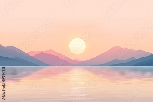 Serene sunset over the sea with mountains, a minimalist flat vector illustration. AI generated illustration