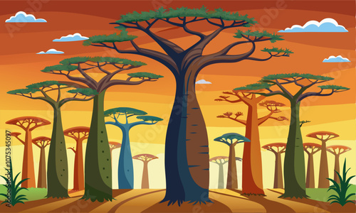 Download Avenue Of The Baobab Tree On A Pot Vector Art Illustration . This Design Concept Isolated Premium Vector. 