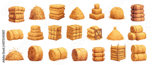 Cartoon hay bales. Haystack in rolls squares heaps piles, farm dry grass harvesting set vector illustration