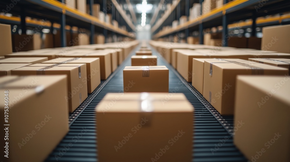 Fototapeta premium A conveyor belt filled with neatly arranged cardboard packages, essential for efficient logistics and modern supply chain practices.