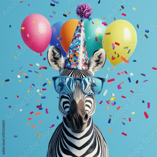 Happy Birthday Celebration, Zebra Wearing Party Hat and Glasses, Colorful Confetti and Balloons, Party invitation, Animal Birthday Series