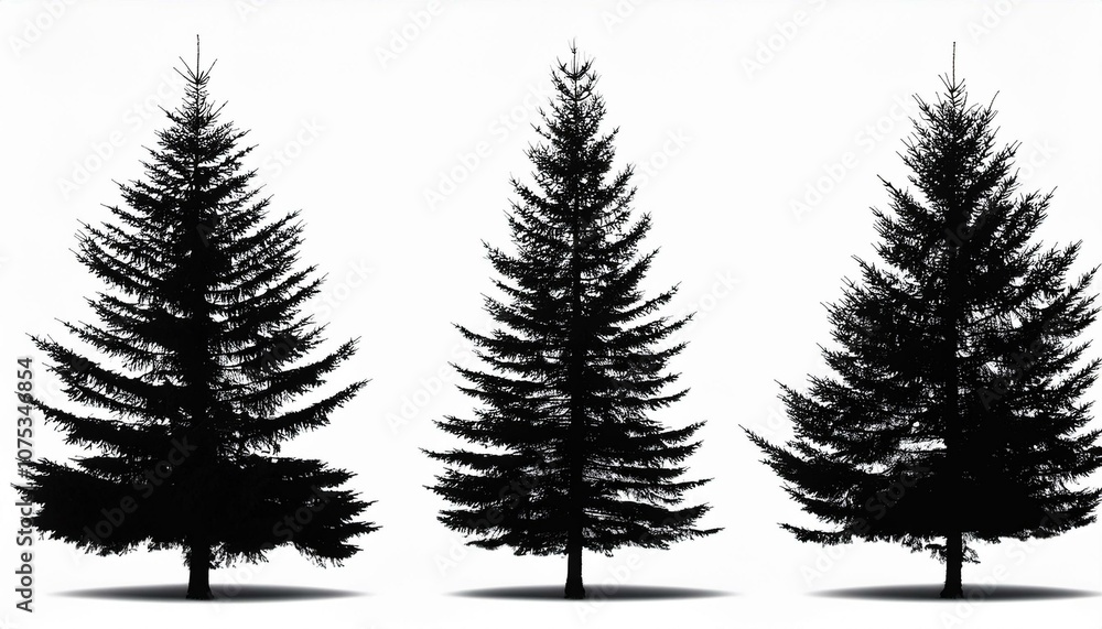 Obraz premium Vector set of black silhouettes of fir trees isolated on a white background.