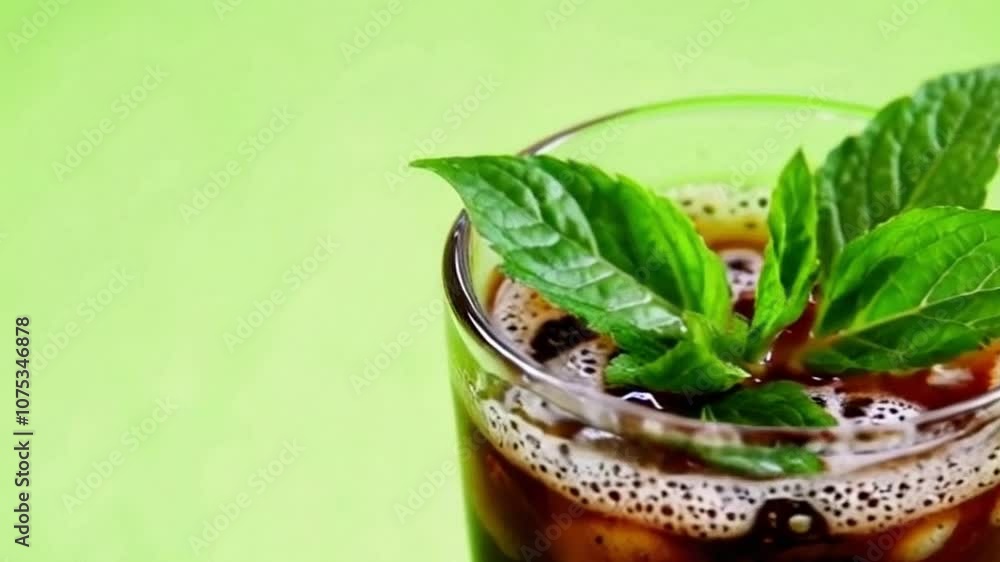 fresh mint leaves floating in cold brew with vibrant green backdrop, invigorating cold brew coffee with mint leaves in natural green setting fresh mint leaves floating in cold brew with vibrant green backdrop, invigorating cold brew coffee with mint leaves in natural green setting