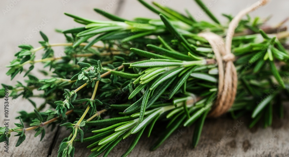 Fresh rosemary thyme bundle on rustic wood Fresh rosemary thyme bundle on rustic wood