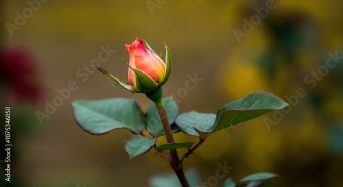 Vibrant rose bud about to bloom in serene garden setting