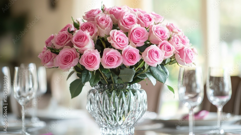 An elegant arrangement of pink roses in full bloom, displayed in a crystal vase on a dining table. An elegant arrangement of pink roses in full bloom, displayed in a crystal vase on a dining table.
