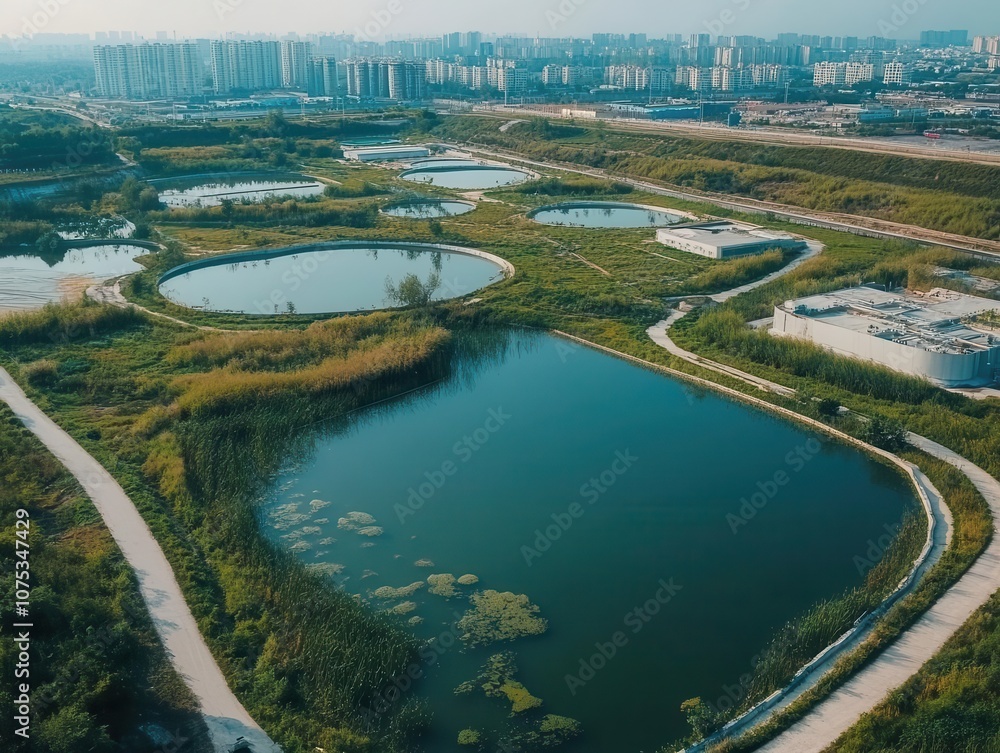 advanced water and waste treatment facilities, complex network of pipes, large reservoirs, and eco-friendly technology for recycling and ecology advanced water and waste treatment facilities, complex network of pipes, large reservoirs, and eco-friendly technology for recycling and ecology