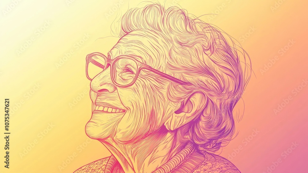 Line art illustration featuring a warm gradient drawing of a cheerful elderly woman Line art illustration featuring a warm gradient drawing of a cheerful elderly woman