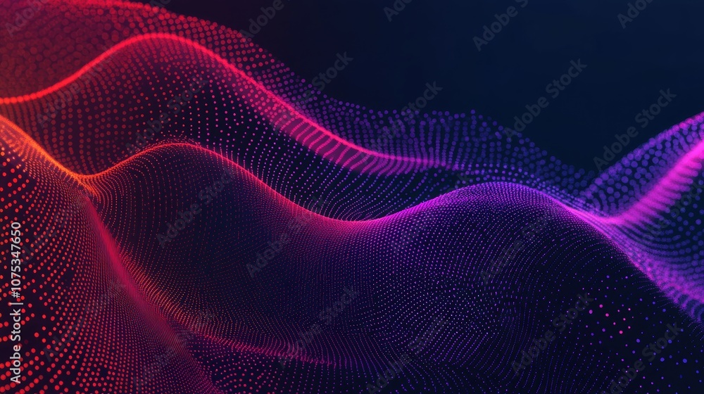 Line art illustration featuring a dot red and purple wave design on a dark gradient background Abstract digital backdrop representing technology and big data Line art illustration featuring a dot red and purple wave design on a dark gradient background Abstract digital backdrop representing technology and big data