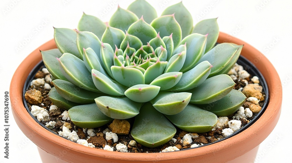Fototapeta premium Close-Up of a Beautiful Small Succulent Plant in a Terracotta Pot Isolated on a White Background, Perfect for Home Decor and Gardening Inspiration