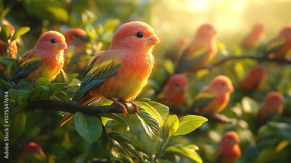 A group of colorful birds perched on a branch in a lush green tree, bathed in the warm glow of the morning sun. A group of colorful birds perched on a branch in a lush green tree, bathed in the warm glow of the morning sun.