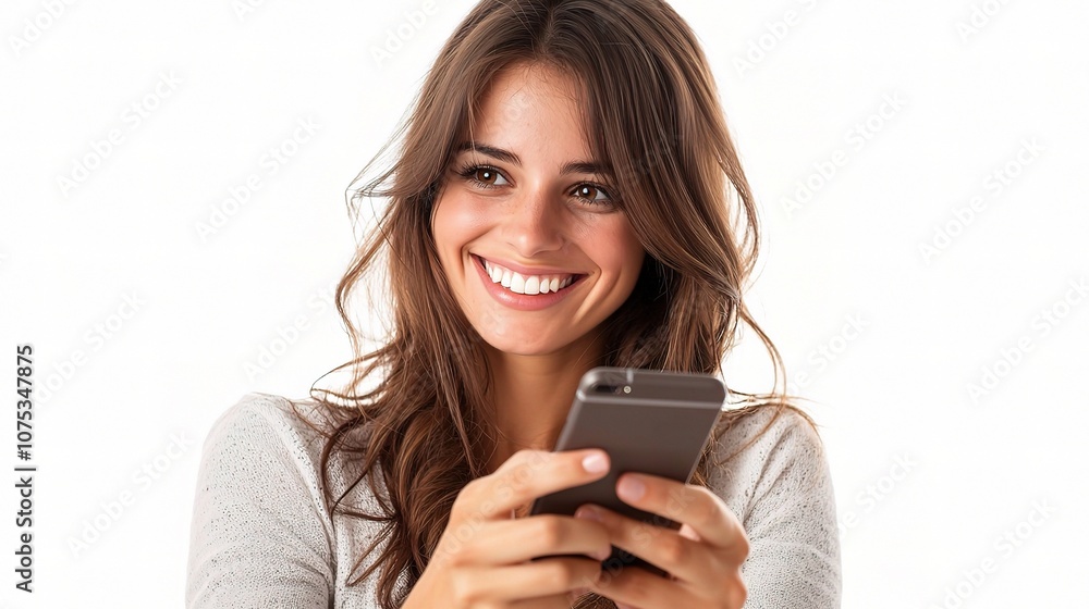Young woman with beautiful smile happily using smartphone while looking at screen, sharing joyful moment and connecting with friends or family in vibrant lifestyle setting Young woman with beautiful smile happily using smartphone while looking at screen, sharing joyful moment and connecting with friends or family in vibrant lifestyle setting