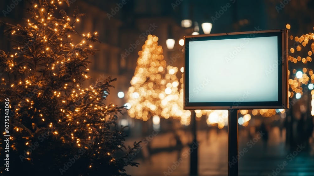 Twinkling lights adorn Christmas trees lining a vibrant city street at night, while a blank sign stands ready for the holiday season, enhancing the festive atmosphere with warm illumination. Twinkling lights adorn Christmas trees lining a vibrant city street at night, while a blank sign stands ready for the holiday season, enhancing the festive atmosphere with warm illumination.