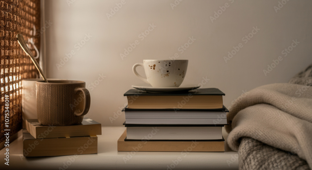Cozy evening with books warm drinks Cozy evening with books warm drinks
