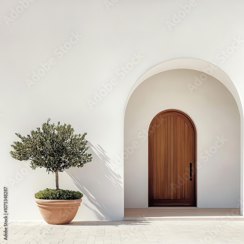 Chic guest house with white stucco, arched doorways, and desertinspired landscaping photo