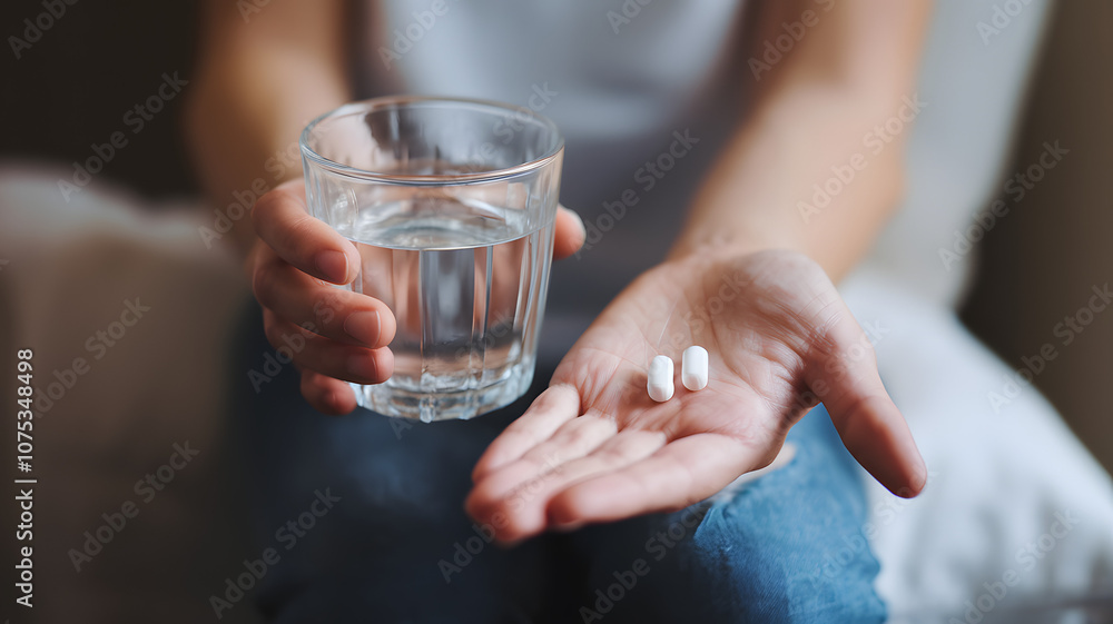 Person holding a glass of water and pills in their hand while sitting indoors during the day, indicating a moment of medication intake Person holding a glass of water and pills in their hand while sitting indoors during the day, indicating a moment of medication intake