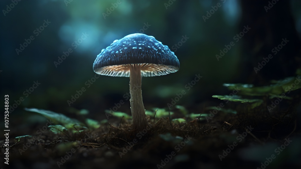 Fototapeta premium Fungal Fantasy: Glowing Mushroom in a Dark Landscape.