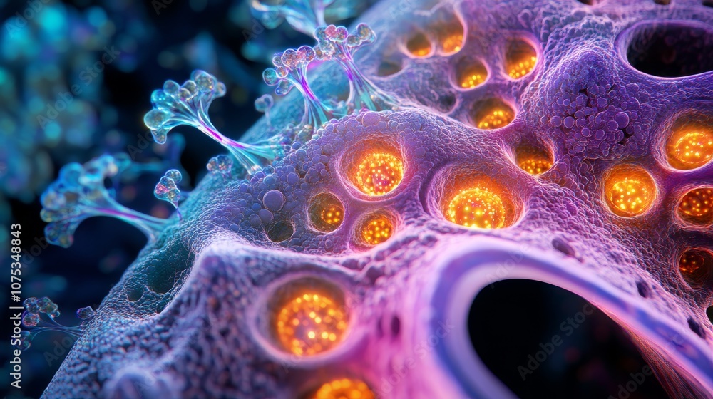 A Close-Up View of a Colorful and Detailed Biological Structure with Luminescent Centers A Close-Up View of a Colorful and Detailed Biological Structure with Luminescent Centers