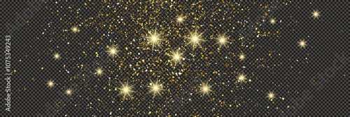 Gold glittering dust with stars on transparent backdrop