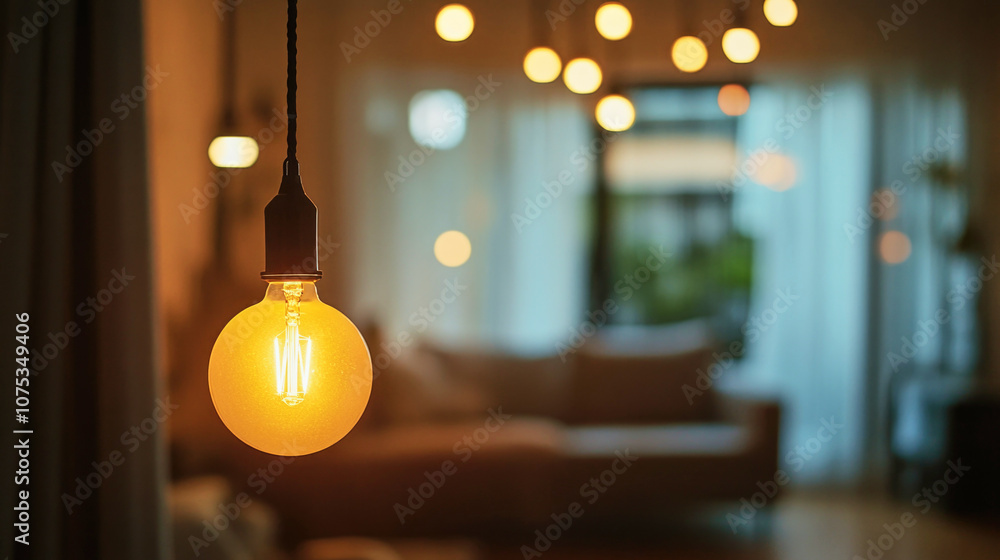 A cozy minimalist Scandinavian bedroom featuring a glowing hanging light bulb and blurred ambiance A cozy minimalist Scandinavian bedroom featuring a glowing hanging light bulb and blurred ambiance