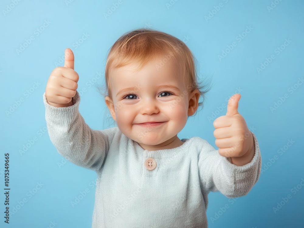 baby smiling and giving a thumbs up, captured against a light blue background, radiating joy and positivity; an emblem of youthful innocence baby smiling and giving a thumbs up, captured against a light blue background, radiating joy and positivity; an emblem of youthful innocence