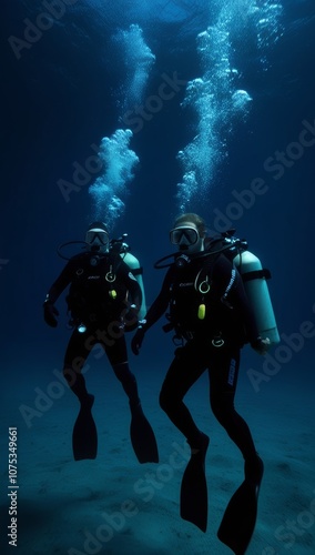 divers in the ocean, underwater sport active recreation in the deep ocean. Group of divers depth bubbles dive