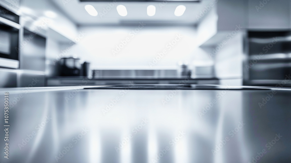 Abstract blurred view of a sleek hi-tech kitchen with modern minimalist design Abstract blurred view of a sleek hi-tech kitchen with modern minimalist design