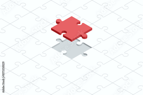Isometric Business Puzzle. Top view white background with puzzle pieces and red puzzle piece