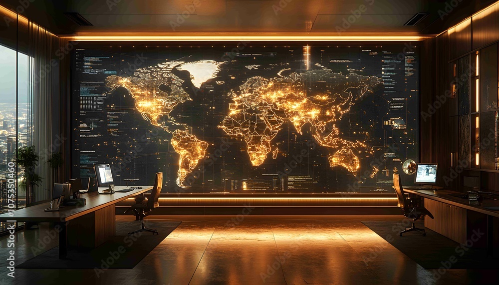 Digital Network Exchange, interactive network map in a futuristic, glass-panelled office where professionals locate potential collaborators globally. Digital Network Exchange, interactive network map in a futuristic, glass-panelled office where professionals locate potential collaborators globally.