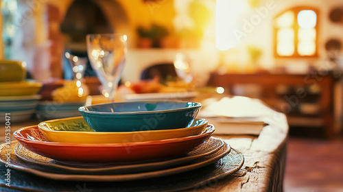 A warm and inviting rustic Mediterranean kitchen with colorful dinnerware on a wooden table